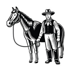 A lone cowboy on horseback, silhouetted against the sunset, rides across the open plains. His hat tilted low, reins in hand, embodying the spirit of the Wild West.