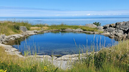 Coastal hot spring pool, ocean view, summer relaxation