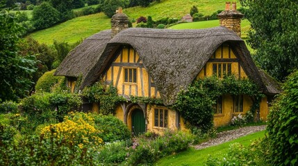 Fototapeta premium Charming Thatched Cottage Surrounded by Lush Greenery in Nature