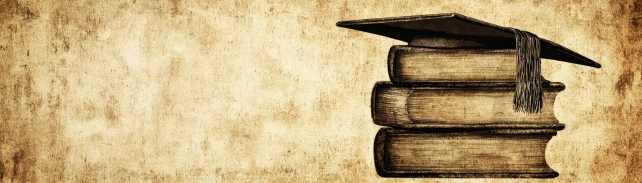 Graduation cap on old books, parchment background; education concept