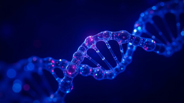 Glowing Futuristic DNA Strand in Digital Cyberspace with Neon Reflections