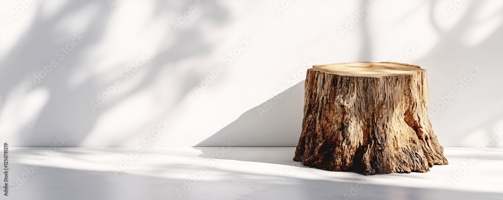 Aufkleber minimalist background with tree trunk podium casting shadow on white wall