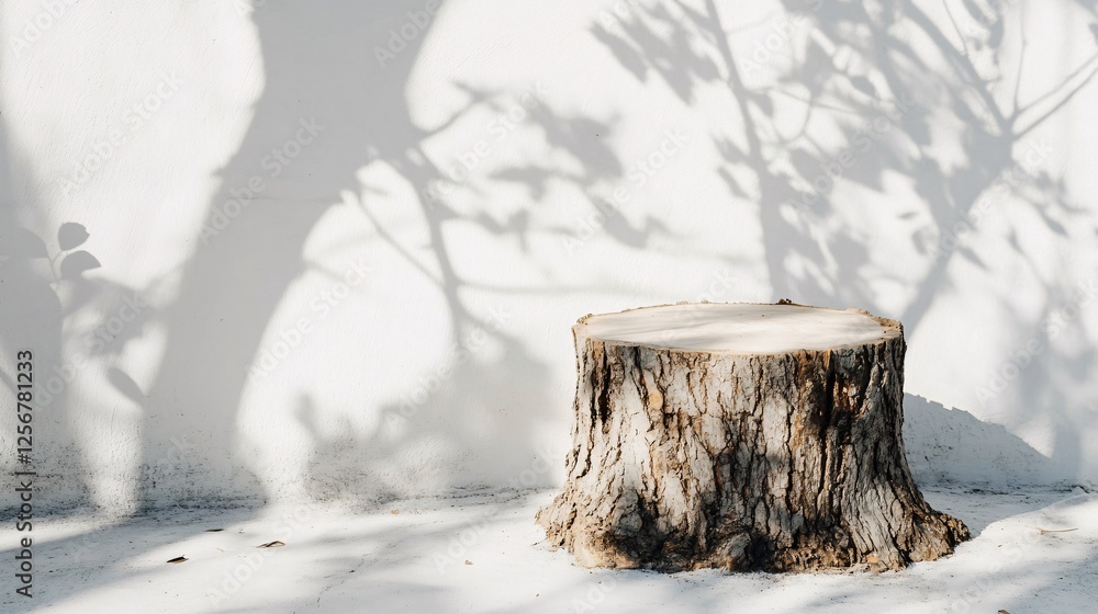 Aufkleber Tree trunk is standing in front of a white wall casting shadows of branches