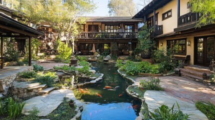 Courtyard oasis koi pond luxury resort relaxation