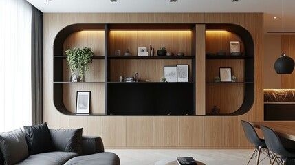 Modern apartment living room shelving unit design