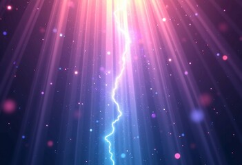 Fototapeta premium Celestial Light Effect: Magical Rays, Sparkling Particles on Neon Purple and Blue Gradient, Falling Light Beams, Glowing Dots, Ethereal Atmosphere, Digital Art.