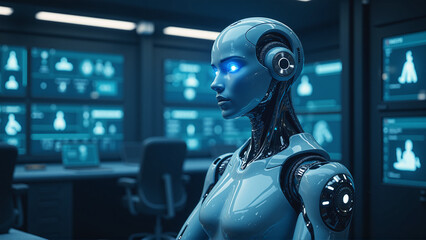 Advanced Humanoid Robot with Glowing Blue Eyes in High-Tech Lab