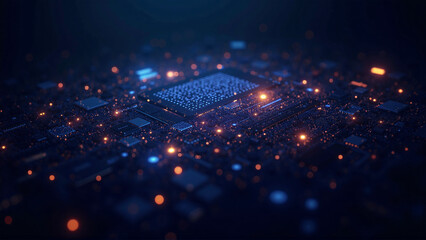 Fototapeta premium Quantum Computing Interface with Glowing Particles in Dark Space