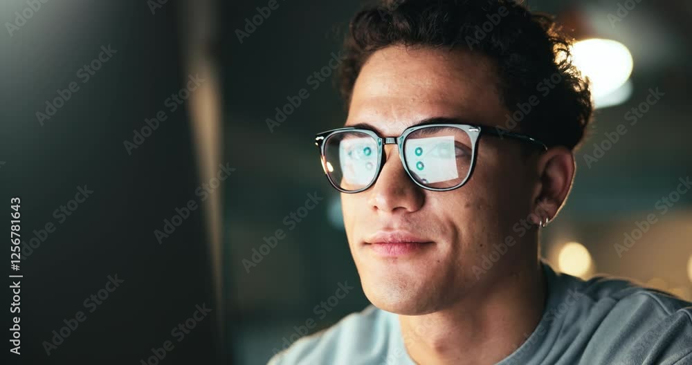 Aufkleber Serious, night and man with computer, reflection and testing of software for bugs, charts or online. Overtime, programmer and person with overlay on glasses, working late and coding for new features
