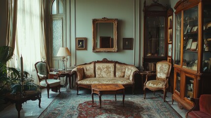 Fototapeta premium Elegant Vintage Living Room with Antique Furniture and Decor