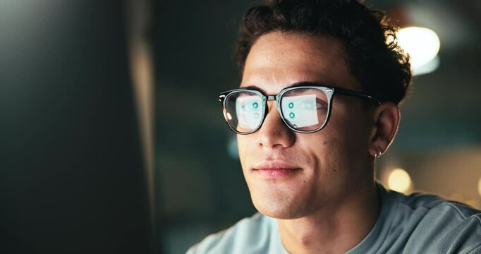 Serious, night and man with computer, reflection and testing of software for bugs, charts or online. Overtime, programmer and person with overlay on glasses, working late and coding for new features