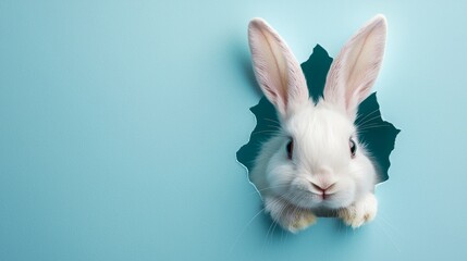 Obraz premium Curious Bunny Peeking Through a Tear in Blue Background