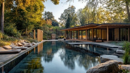 Fototapeta premium Luxury spa pool, autumn foliage, tranquil setting, wellness retreat