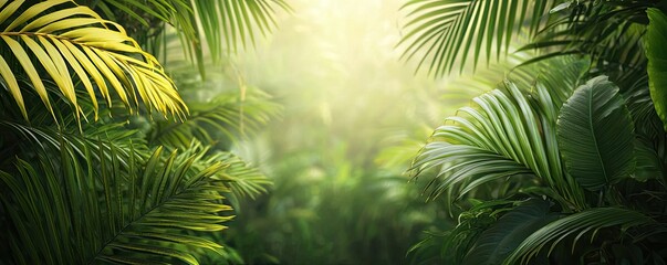 Glow forest concept. Lush green foliage illuminated by soft sunlight in a serene jungle atmosphere.