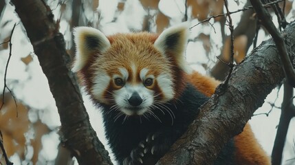 Curious Red Panda Resting on a Branch in Autumn Foliage