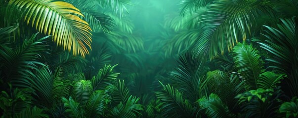 Glow forest concept. Lush green foliage creates a vibrant, serene atmosphere in a tropical landscape.