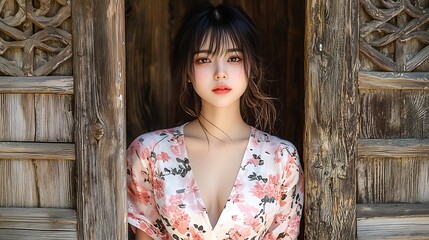 Fototapeta premium Woman in floral dress poses in doorway of Asian building.