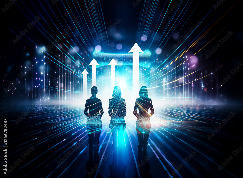 Poster three figures stand facing forward with glowing arrows pointing upwards in a double exposure effect 