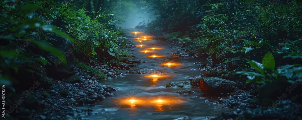 Poster glow forest idea. magical glowing stream surrounded by lush green forest in serene twilight.