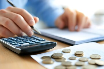 Calculating Finances: A person uses a calculator to review coins and financial data