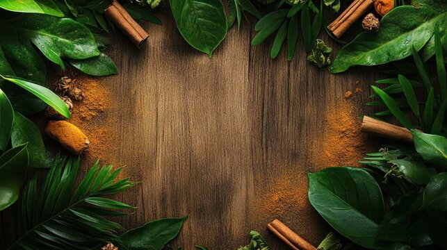 Tropical leaves, spices frame, wood background, recipe template