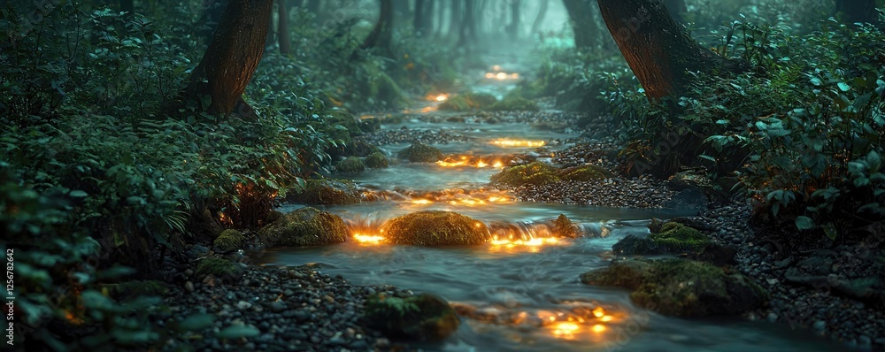 Aufkleber glow forest idea. a serene forest stream illuminated by glowing stones, surrounded by lush greenery.