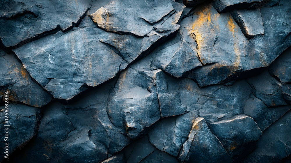 Poster close-up view of dark blue and gray rock texture. jagged and rough surface details. abstract natural