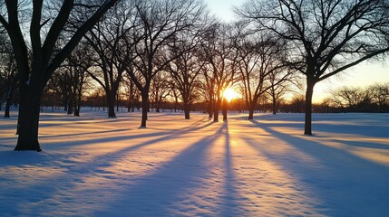 Winter sunset park snow trees shadows landscape
