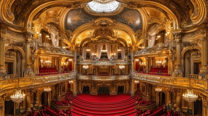 Obraz premium Parisian Opera House Interior Golden ornate theater, red seating, dome ceiling, grand stage