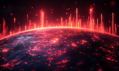 Vibrant cosmic landscape showcasing glowing data streams over a planet at night