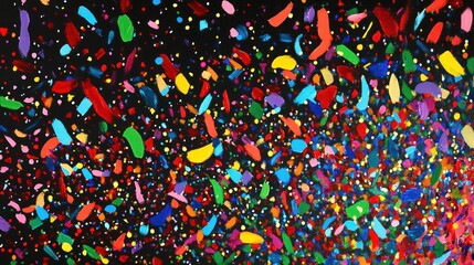Obraz premium Colorful paint splatters falling on black background, celebratory design element