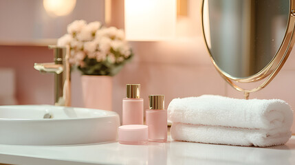 Elegant bathroom vanity with beauty products, fluffy towels, and a stylish gold-toned faucet.