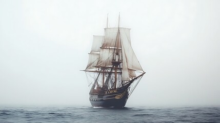 Historic sailing ship in a foggy sea. Potential stock photo use