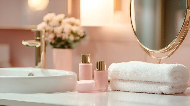 Elegant bathroom vanity with beauty products, fluffy towels, and a stylish gold-toned faucet.