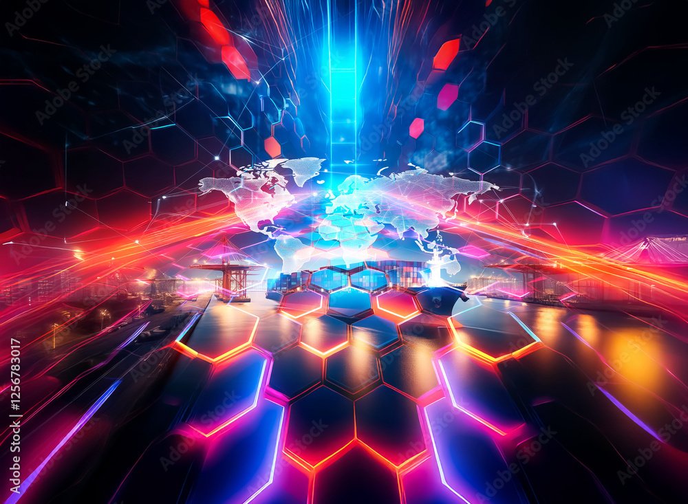 Poster double exposure: world map on futuristic hexagonal grid with vibrant blue and red lights creating a 