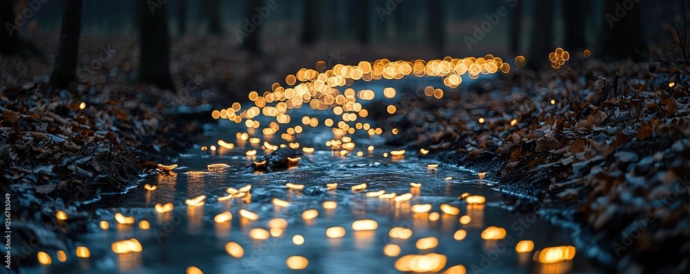 Poster glow forest idea. a serene forest stream illuminated by glowing lights at twilight.