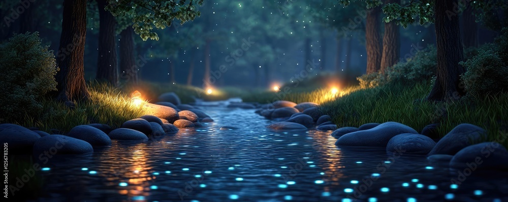 Poster Glow forest idea. A serene night scene with glowing lights reflecting off a gentle stream in a forest.