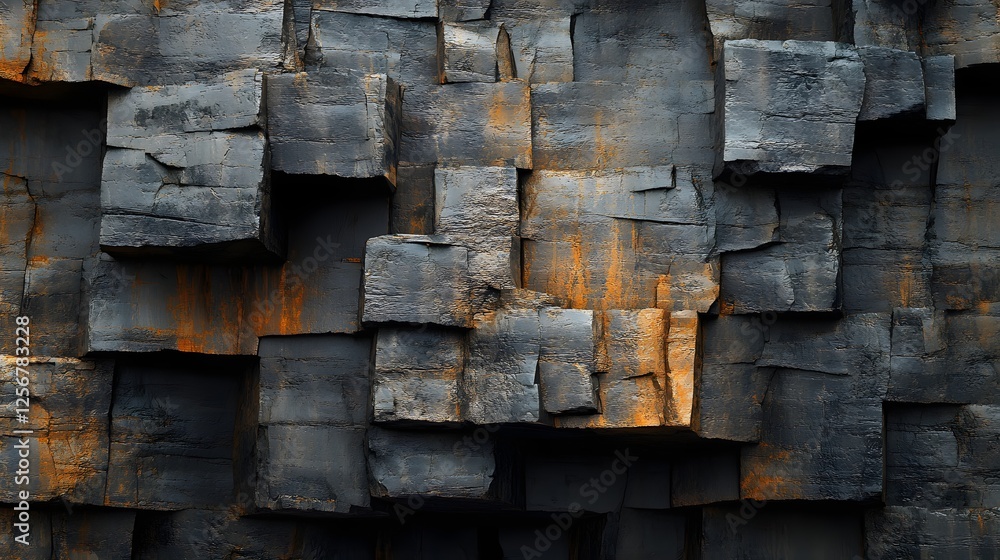 Aufkleber Close-up view of a dark stone wall with geometric block pattern and rust accents. Abstract background image. Macro Texture Backgrounds. Abstract Dark Stone Wall Texture Geometric Blocks