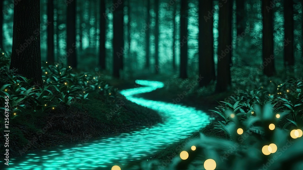Poster glow forest idea. enchanting forest path illuminated by glowing plants under a mystical twilight sky
