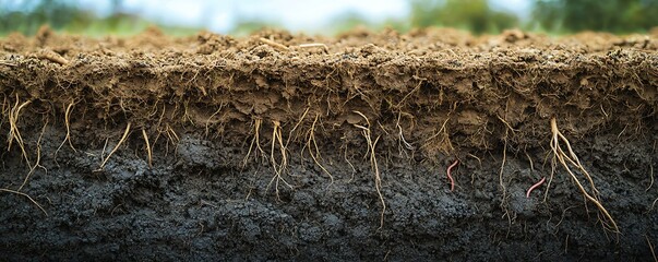 Invertebrate soil landscaping Detailed Cross Section of Soil Layers with Roots and Earthworms in Natural Environment
