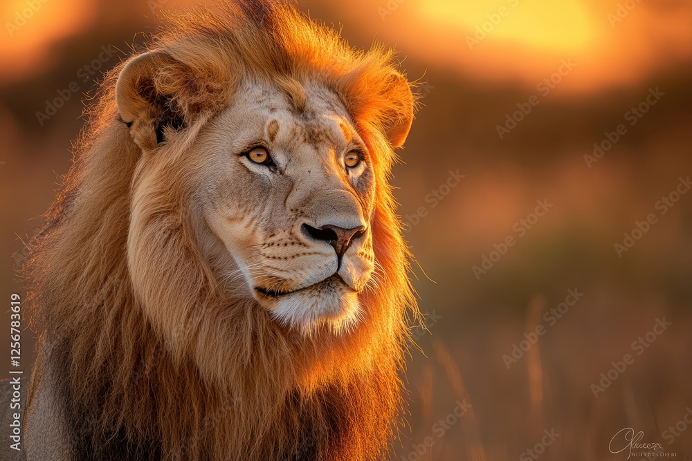 Aufkleber regal lion portrait with glowing golden mane in warm sunset light perfect for adding text. generativ
