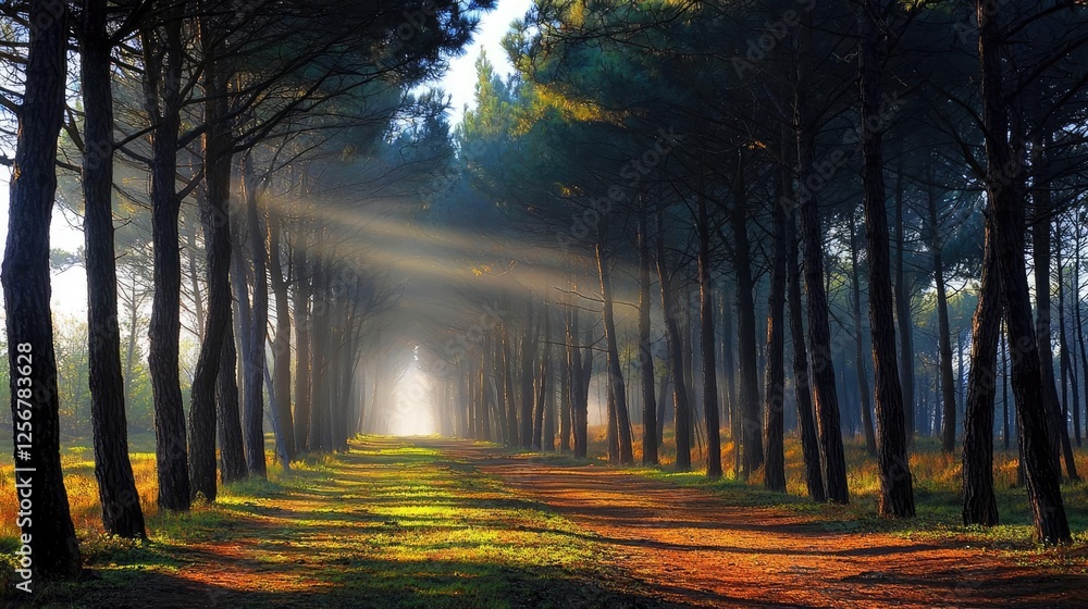 Poster Glow forest concept. A serene forest pathway illuminated by soft light through tall trees.