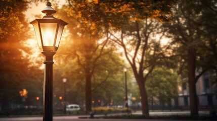 Illuminated park lantern amidst autumnal foliage casting a golden glow