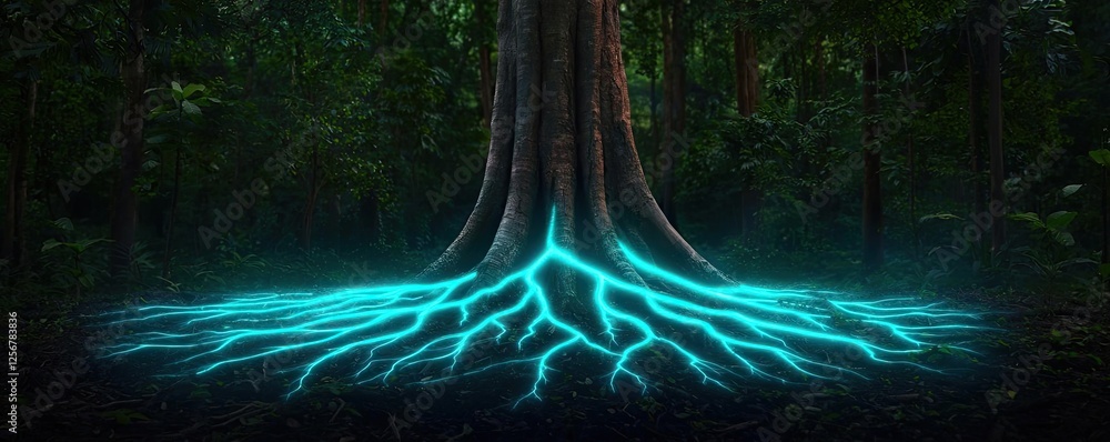 Poster glow forest concept. a luminous tree root radiates blue light in a serene, mysterious forest setting