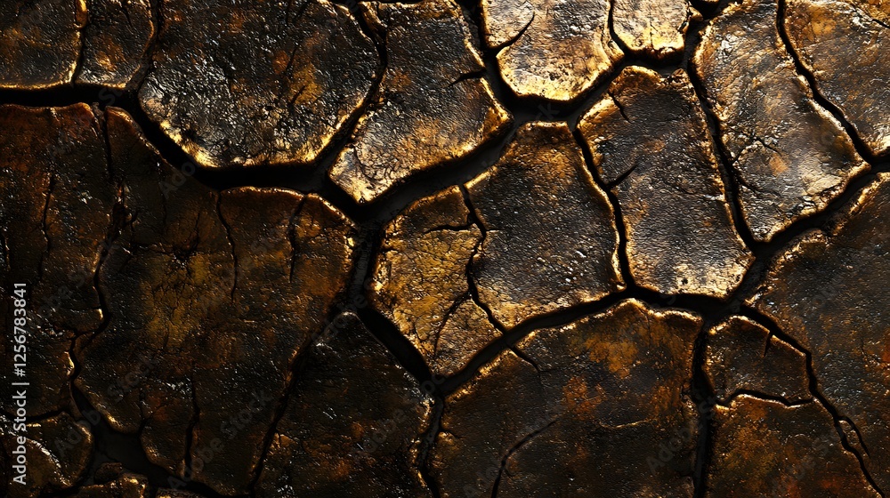 Aufkleber a close-up image of an abstract texture with cracked gold and black elements. the image is rich in d
