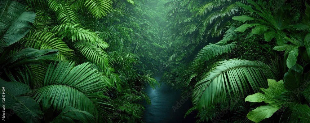 Poster glow forest concept. lush green foliage enveloping a tranquil stream in a dense jungle environment.