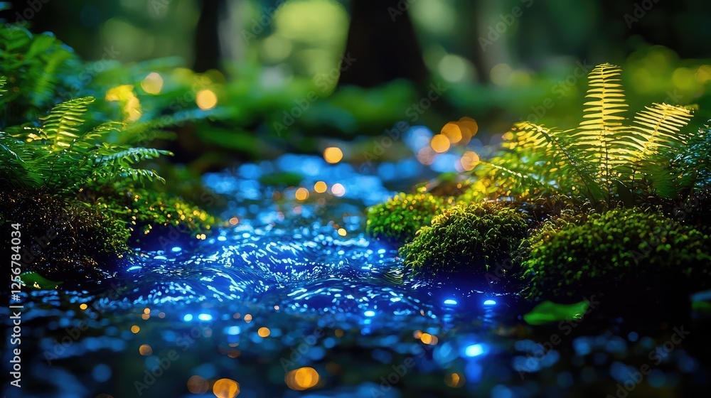 Poster Glow forest concept. A serene forest stream illuminated by glowing lights and lush green ferns.