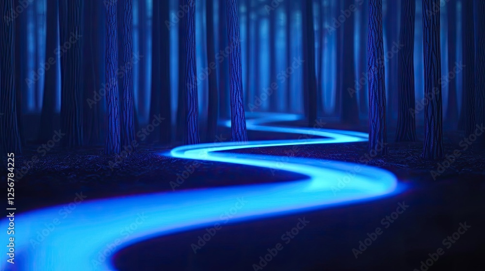 Poster glow forest idea. a serene blue river winding through a mystical forest of towering trees at night.