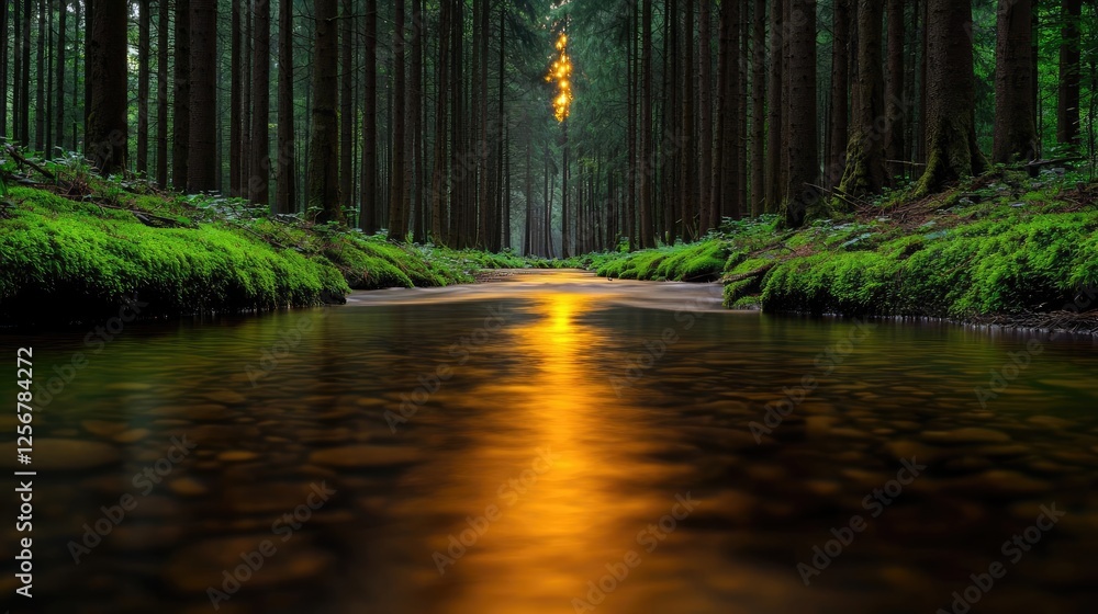 Poster glow forest idea. tranquil forest scene with a shimmering stream reflecting golden light.