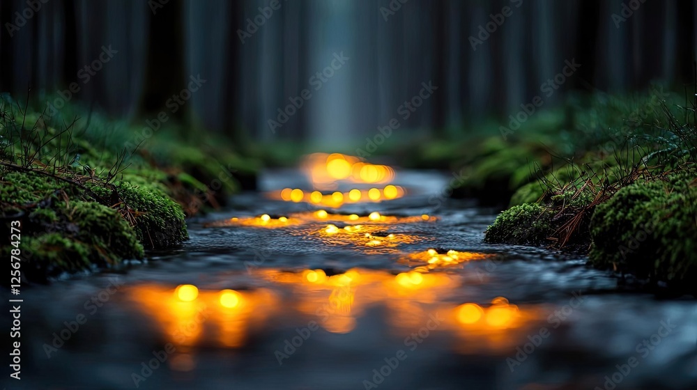 Poster Glow forest idea. Serene forest stream illuminated by glowing lights reflecting on calm water.